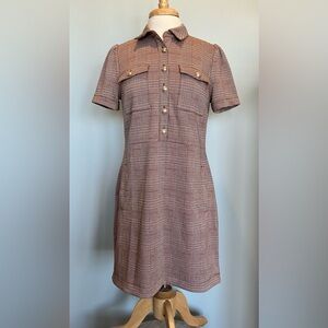 Loft Plaid Collared Mini shift dress front button browns short sleeve size 6